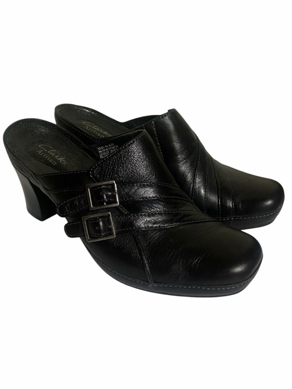 Clarks Artisan Women 8M Heel Mules Black Leather Clogs Slip On Buckle